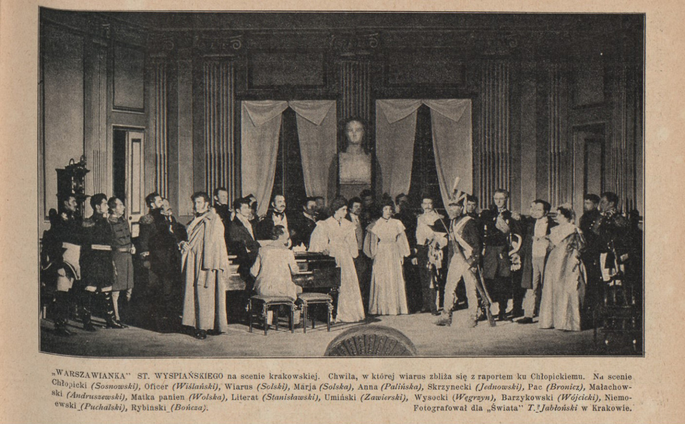 Warszawianka na krakowskiej scenie w 1906, scena zbiorowa, fot. T. Jabłoński, „Świat” 1906, nr 6, Mazowiecka Biblioteka Cyfrowa Warszawianka na krakowskiej scenie w 1906, scena zbiorowa, fot. T. Jabłoński, „Świat” 1906, nr 6, Mazowiecka Biblioteka Cyfrowa