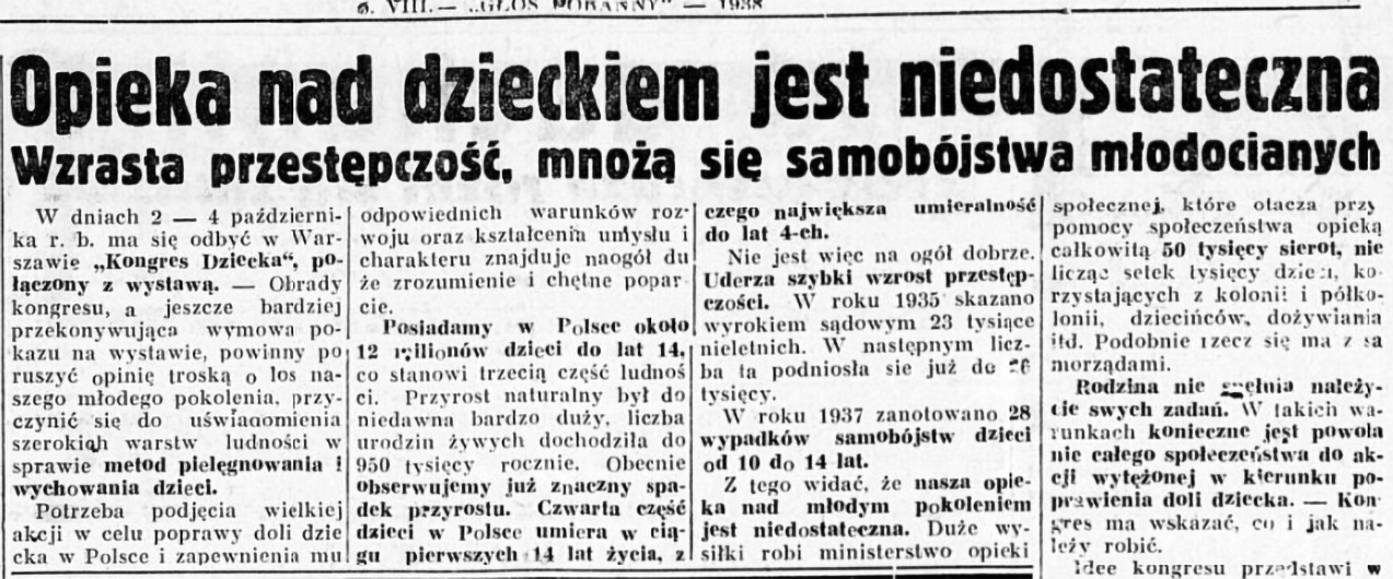 Headline of an article from the journal "Głos Poranny", no. 214 (6.08.1938); source: Polona Digital Library, public domain Headline of an article from the journal "Głos Poranny", no. 214 (6.08.1938); source: Polona Digital Library, public domain