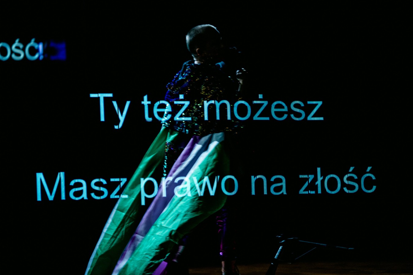 Katarzyna Żeglicka, Ustawka w brokacie; fot. Justyna Żądło. Na zdjęciu panuje mrok. Z ciemności wyłaniają się zarysy stojącej postaci ubranej w zielone i fioletowe, błyszczące materiały. Centralnie wyświetlony jest błękitny napis „Ty też możesz / Masz prawo na złość”. 