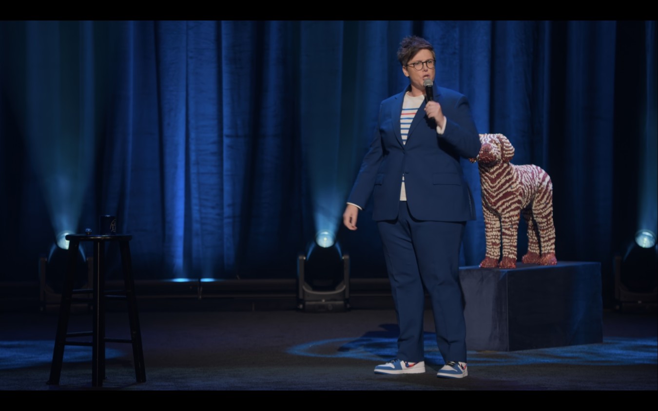 Kadr z trailera programu Hannah Gadsby: Douglas; materiały Netflixa Kadr z trailera programu Hannah Gadsby: Douglas; materiały Netflixa. Hannah Gadsby stands on an empty blue stage. Hannah Gadsby uses the pronouns "they/one." They have short grey hair and are dressed in a blue suit and white blouse with colourful stripes and sports shoes. They hold a microphone and speak. Behind them on a small dark podium stands a large toy dog with red and white stripes.