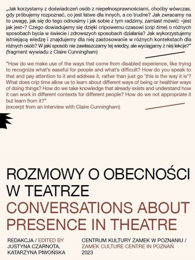Okładka książki Rozmowy o obecności w teatrze/Conversations About Presence in Theatre, red. Justyna Czarnota, Katarzyna Piwońska