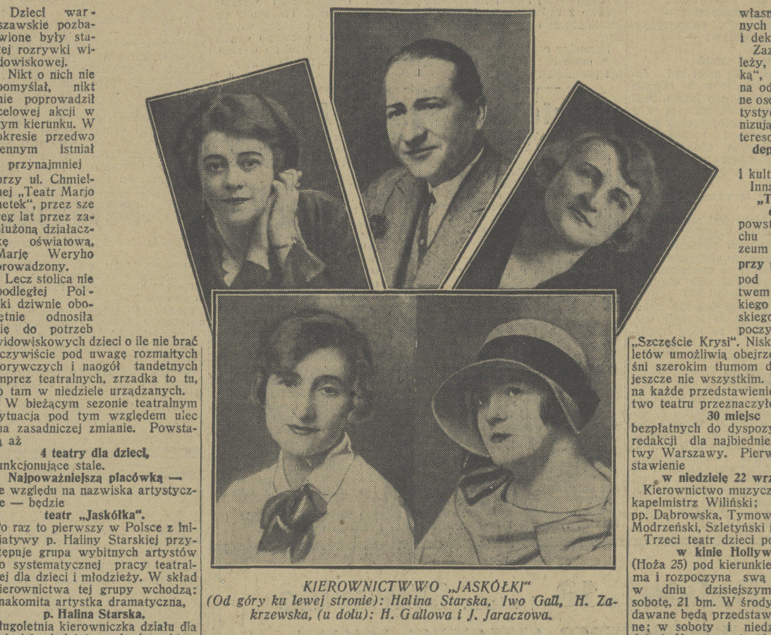 Tableau przedstawiające kierownictwo Teatru Jaskółka w 1929 roku. Tableau przedstawiające kierownictwo Teatru Jaskółka w 1929 roku.