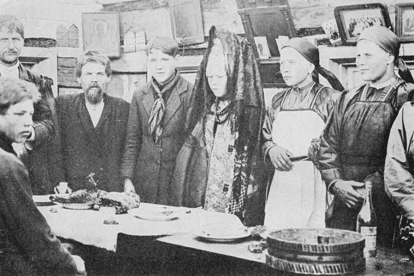 Epizod z obrzędu weselnego, 1927; ilustracja z Historii rosyjskiego teatru W. Wsiewołodskiego (Gerngrossa)