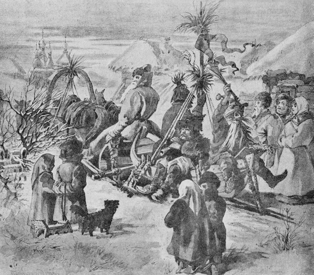 Odprowadzanie Maslenicy (Ostatki), rys. z 1892 roku; ilustracja z Historii rosyjskiego teatru W. Wsiewołodskiego (Gerngrossa)