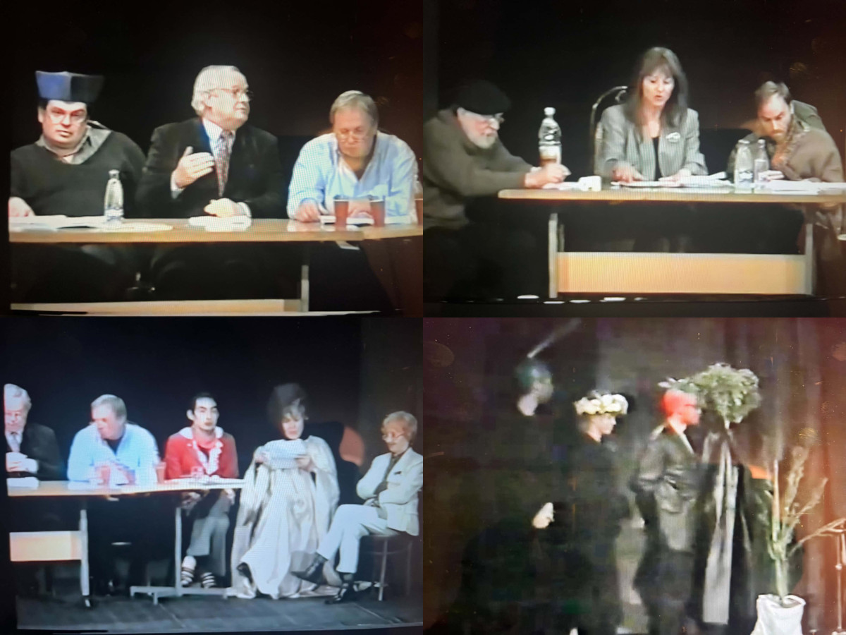 Screeny z Jubileuszowego Posiedzenia Rady Wydziału Reżyserii Dramatu (1999). Od lewej: Krzysztof Globisz, Aleksander Fabisiak, Leszek Piskorz; Jerzy Trela, Agnieszka Mandat, Roman Gancarczyk; Aleksander Fabisiak, Leszek Piskorz, Alejandro Muñoz, Marta Stebnicka, Anna Polony; Krzysztof Rekowski, Karina Piwowarska, Michał Kotański, Agata Duda-Gracz