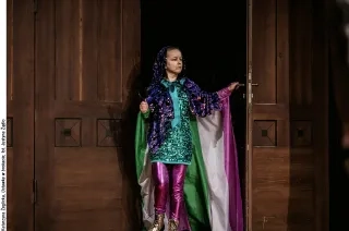 Katarzyna Żeglicka, Ustawka w brokacie; fot. Justyna Żądło. Katarzyna Żeglicka przechodzi przez masywne drewniane, stare drzwi. Jej strój jest błyszczący i bardzo kolorowy. Ma na sobie różowe spodnie, złote buty, zieloną tunikę z cekinami, Na głowie i ramionach ma granatowo-złotą pelerynkę, spod której rozciąga się długi tren w grube różowo-biało-zielone pasy. Lewą ręką trzyma klamkę otwartych na oścież drzwi.