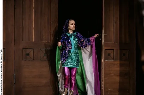 Katarzyna Żeglicka, Ustawka w brokacie; fot. Justyna Żądło Katarzyna Żeglicka, Ustawka w brokacie; fot. Justyna Żądło. Katarzyna Żeglicka przechodzi przez masywne drewniane, stare drzwi. Jej strój jest błyszczący i bardzo kolorowy. Ma na sobie różowe spodnie, złote buty, zieloną tunikę z cekinami, Na głowie i ramionach ma granatowo-złotą pelerynkę, spod której rozciąga się długi tren w grube różowo-biało-zielone pasy. Lewą ręką trzyma klamkę otwartych na oścież drzwi.